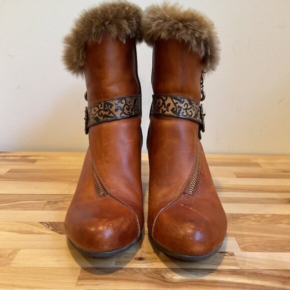 Gorgeous Finesse Fur-collar Leather Ankle Boots Size 37 cognac maroon brown heel - Picture 4 of 15